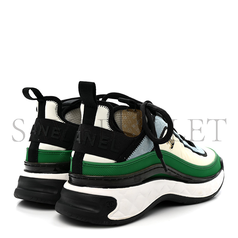 Ch**el suede calfskin mixed fibers cc sneakers ivory green light blue
